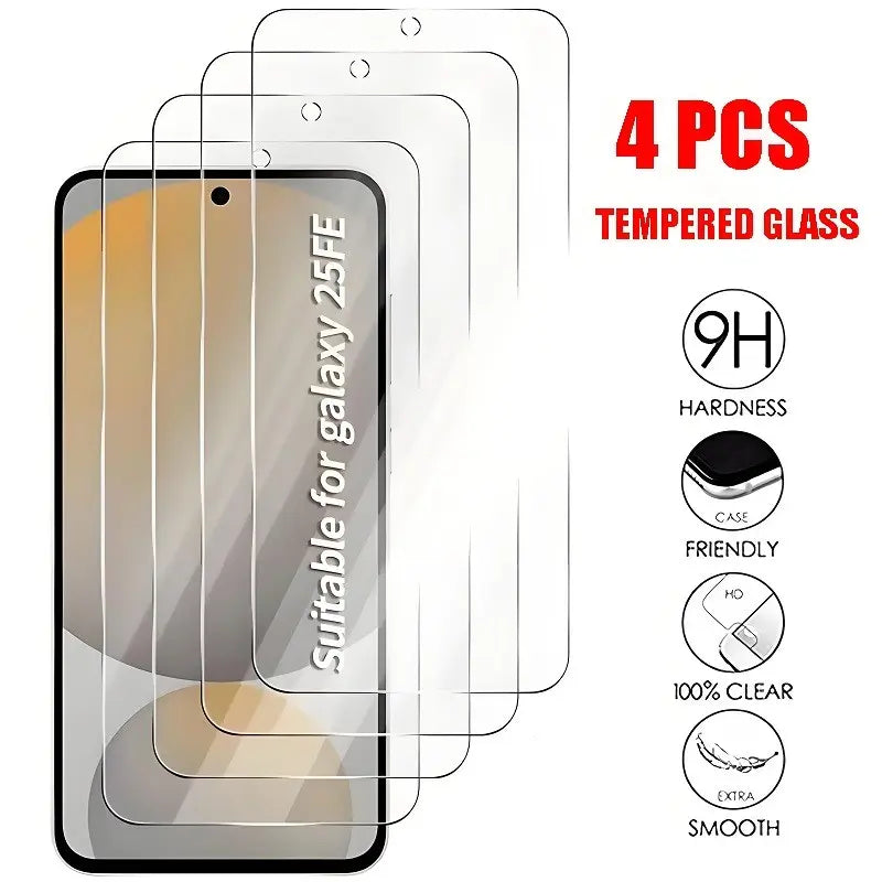 4 Pcs 9H Full Coverage Screen Protectors Suitable for Samsung A14 A15 A16 A17 A24 A25 A26 A27 A34 A35 A36 A37 A51 A52 A52S A53 A54 A55 A56 A57 Anti-Scratch Mobile Phone Tempered Glass Protective Film Suitable for Galaxy S25 FE Cellphone Accessories