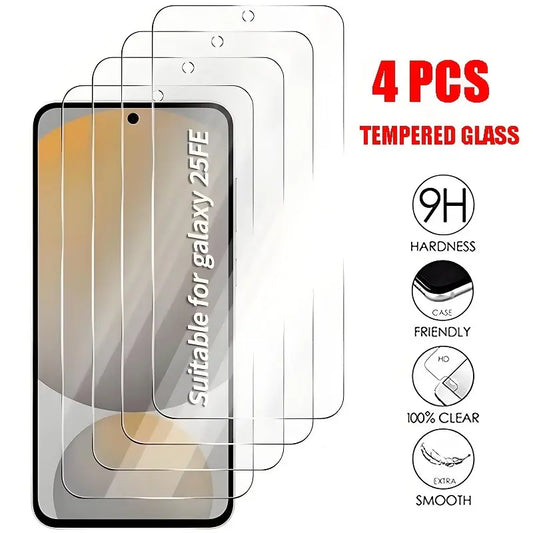 4 Pcs 9H Full Coverage Screen Protectors Suitable for Samsung A14 A15 A16 A17 A24 A25 A26 A27 A34 A35 A36 A37 A51 A52 A52S A53 A54 A55 A56 A57 Anti-Scratch Mobile Phone Tempered Glass Protective Film Suitable for Galaxy S25 FE Cellphone Accessories
