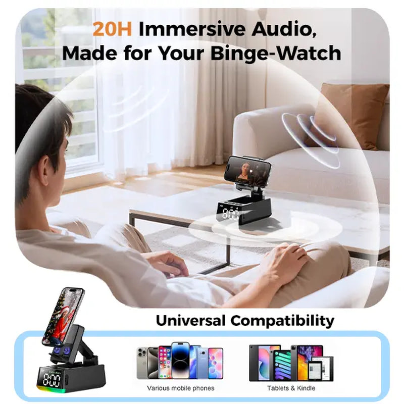 [Mothersdaygift]Chifenchy 5-In-1 Induction Bluetooth Speaker Stand with Alarm Clock, 360° Adjustable Smartphone Tablet Holder & Colorful Ambient Light,Gifts for Friends, Family,Tiktokshopholidayhaul