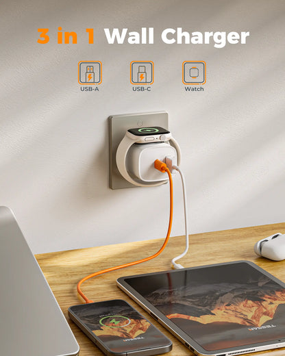 Charging Blocks for Apple Watch, 3-In-1 PD 20W USB C Charger Block with Built-In Wireless Smart Watch Charging, Dual Ports Wall Charger Compatible with Iphone,Airpods,Iwatch