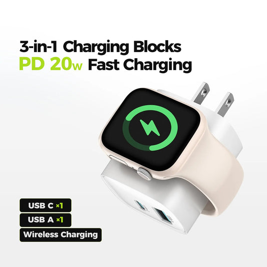 Charging Blocks for Apple Watch, 3-In-1 PD 20W USB C Charger Block with Built-In Wireless Smart Watch Charging, Dual Ports Wall Charger Compatible with Iphone,Airpods,Iwatch