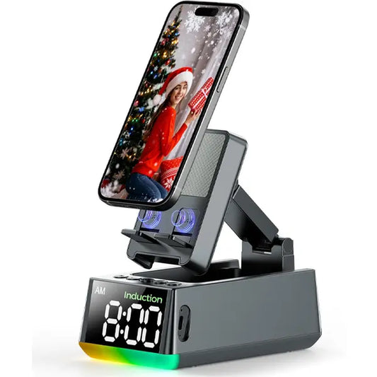 [Mothersdaygift]Chifenchy 5-In-1 Induction Bluetooth Speaker Stand with Alarm Clock, 360° Adjustable Smartphone Tablet Holder & Colorful Ambient Light,Gifts for Friends, Family,Tiktokshopholidayhaul