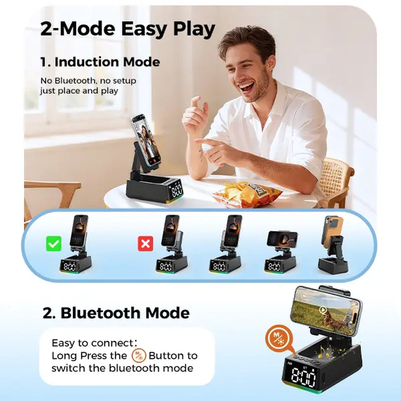 [Mothersdaygift]Chifenchy 5-In-1 Induction Bluetooth Speaker Stand with Alarm Clock, 360° Adjustable Smartphone Tablet Holder & Colorful Ambient Light,Gifts for Friends, Family,Tiktokshopholidayhaul