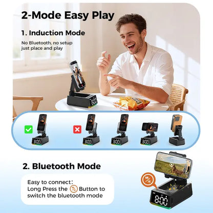 [Mothersdaygift]Chifenchy 5-In-1 Induction Bluetooth Speaker Stand with Alarm Clock, 360° Adjustable Smartphone Tablet Holder & Colorful Ambient Light,Gifts for Friends, Family,Tiktokshopholidayhaul