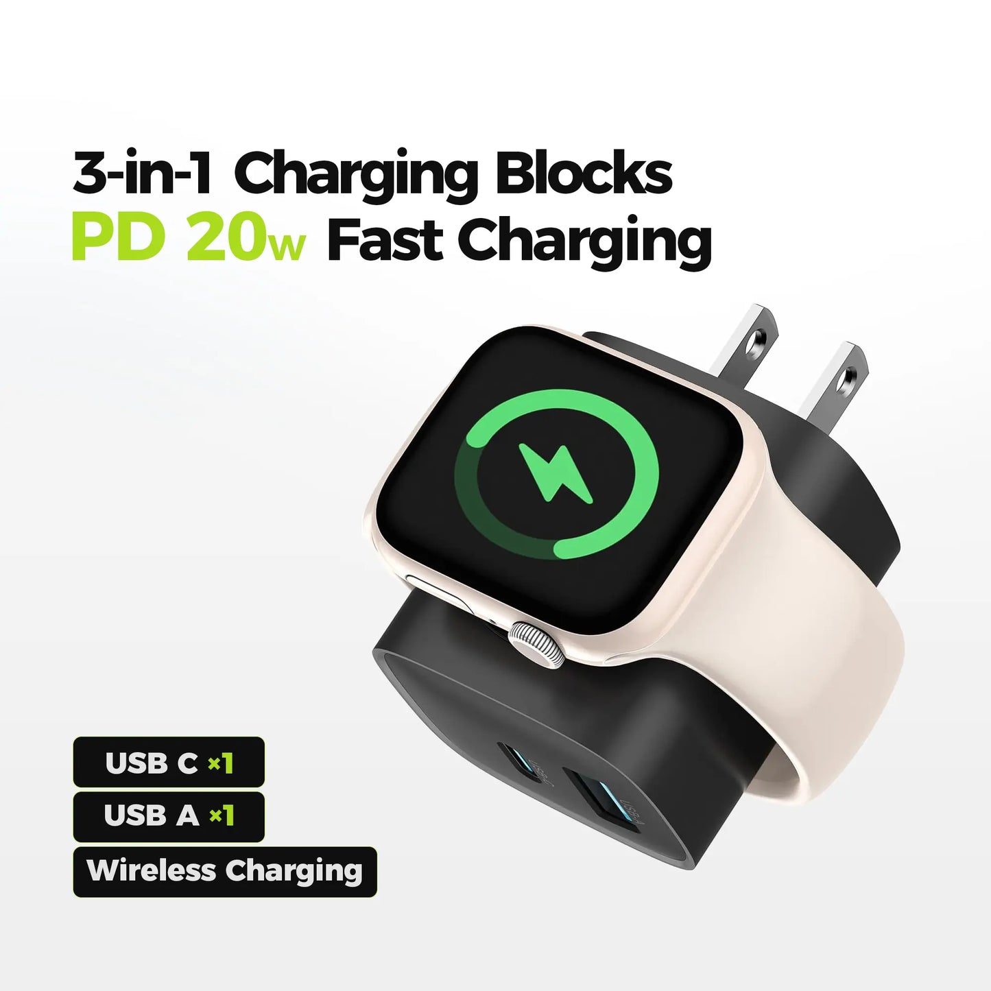 Charging Blocks for Apple Watch, 3-In-1 PD 20W USB C Charger Block with Built-In Wireless Smart Watch Charging, Dual Ports Wall Charger Compatible with Iphone,Airpods,Iwatch