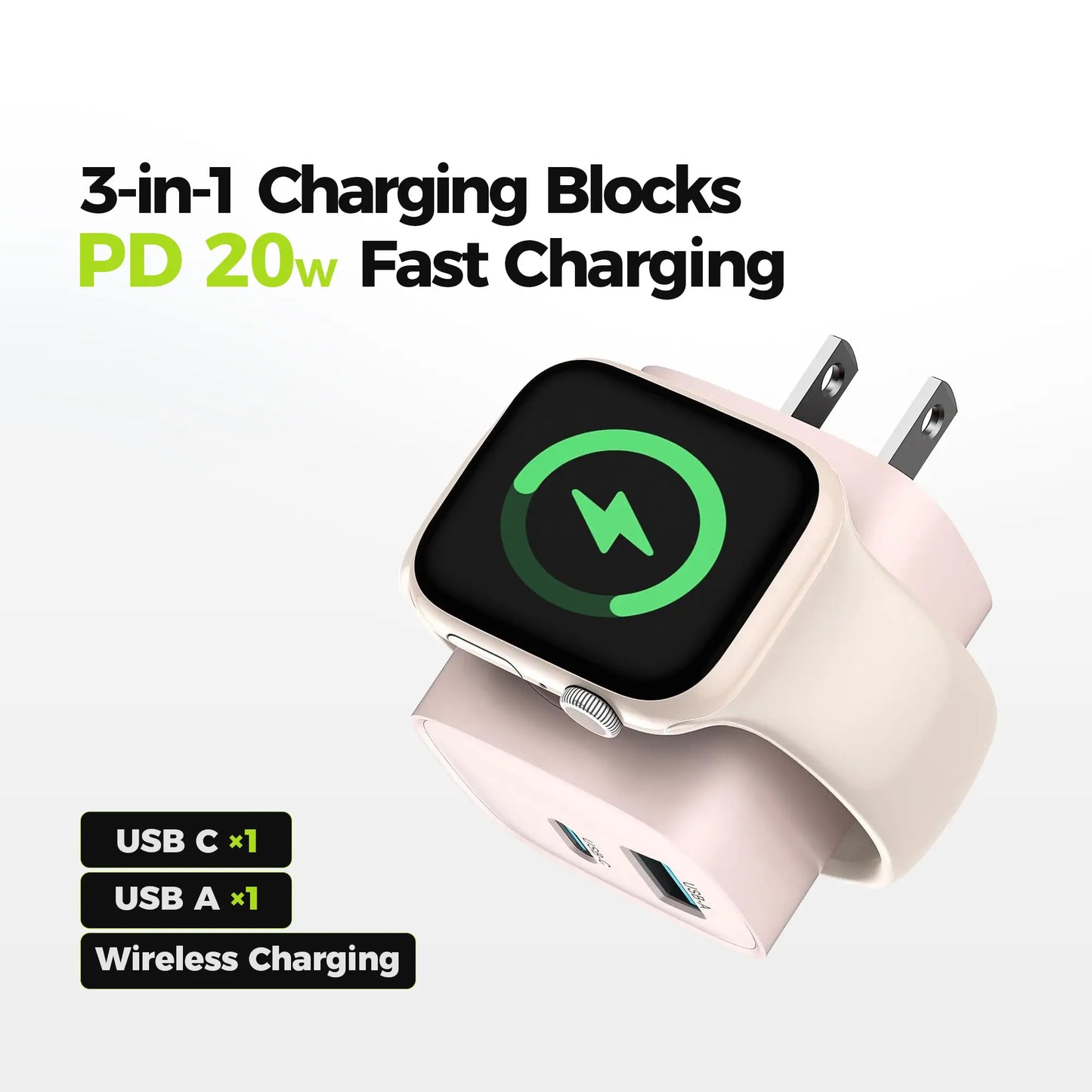 Charging Blocks for Apple Watch, 3-In-1 PD 20W USB C Charger Block with Built-In Wireless Smart Watch Charging, Dual Ports Wall Charger Compatible with Iphone,Airpods,Iwatch