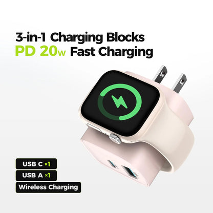 Charging Blocks for Apple Watch, 3-In-1 PD 20W USB C Charger Block with Built-In Wireless Smart Watch Charging, Dual Ports Wall Charger Compatible with Iphone,Airpods,Iwatch