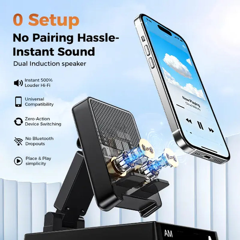 [Mothersdaygift]Chifenchy 5-In-1 Induction Bluetooth Speaker Stand with Alarm Clock, 360° Adjustable Smartphone Tablet Holder & Colorful Ambient Light,Gifts for Friends, Family,Tiktokshopholidayhaul