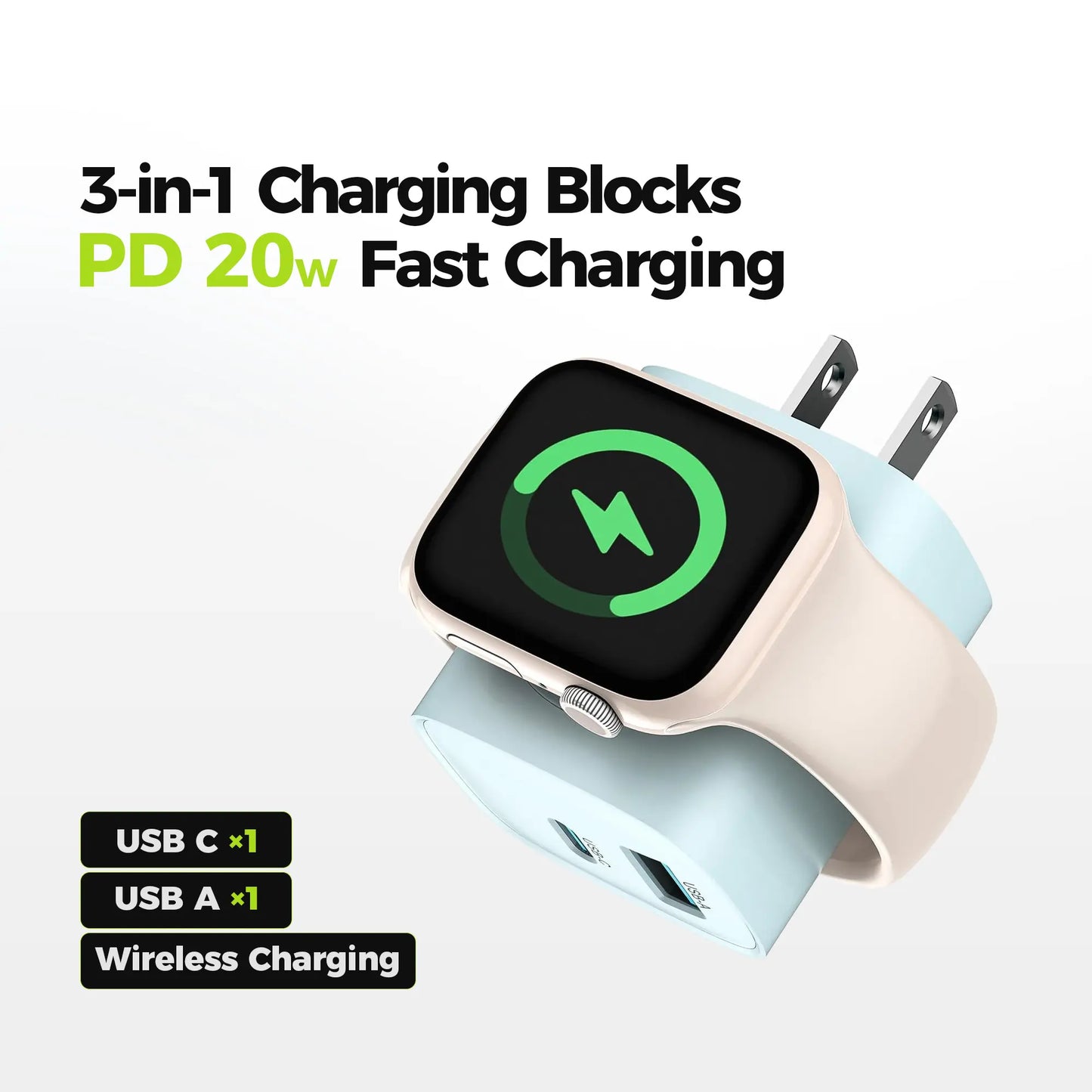 Charging Blocks for Apple Watch, 3-In-1 PD 20W USB C Charger Block with Built-In Wireless Smart Watch Charging, Dual Ports Wall Charger Compatible with Iphone,Airpods,Iwatch