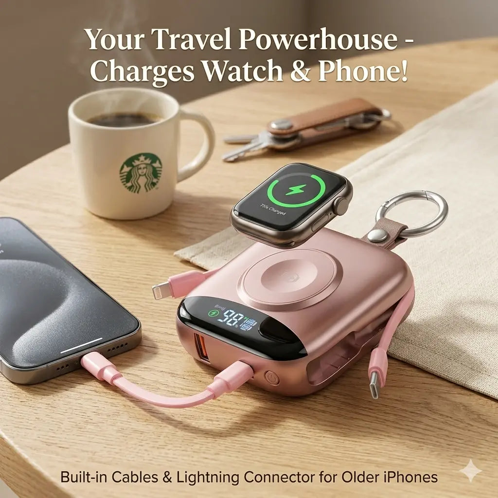 10000Mah Portable Charger Power Bank, 3-In-1 Wireless Battery Pack with Built-In USB-C & Lightning Cables, 22.5W Fast Charging, LED Display for Iphone, Apple Watch & Android Chargeable