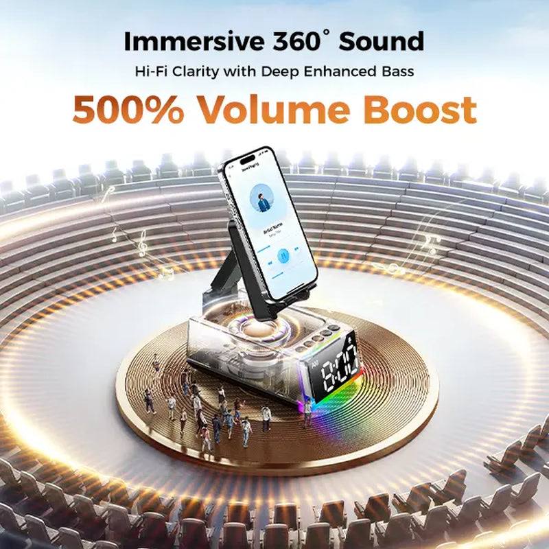 [Mothersdaygift]Chifenchy 5-In-1 Induction Bluetooth Speaker Stand with Alarm Clock, 360° Adjustable Smartphone Tablet Holder & Colorful Ambient Light,Gifts for Friends, Family,Tiktokshopholidayhaul