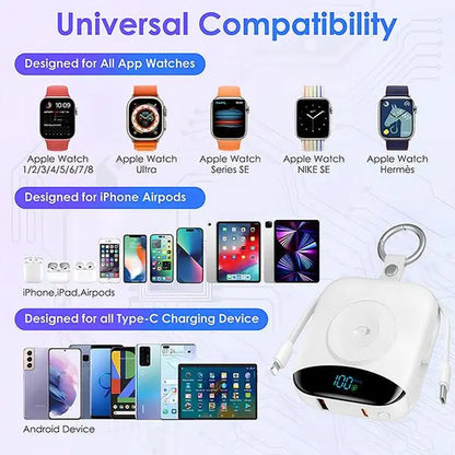 10000Mah Portable Charger Power Bank, 3-In-1 Wireless Battery Pack with Built-In USB-C & Lightning Cables, 22.5W Fast Charging, LED Display for Iphone, Apple Watch & Android Chargeable
