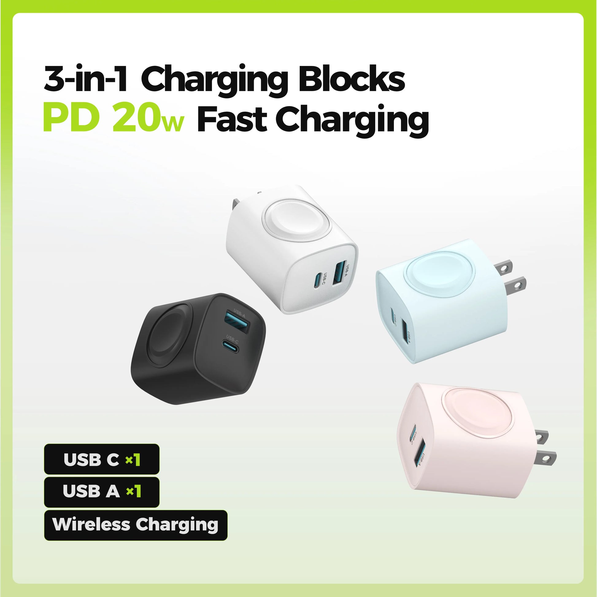 Charging Blocks for Apple Watch, 3-In-1 PD 20W USB C Charger Block with Built-In Wireless Smart Watch Charging, Dual Ports Wall Charger Compatible with Iphone,Airpods,Iwatch