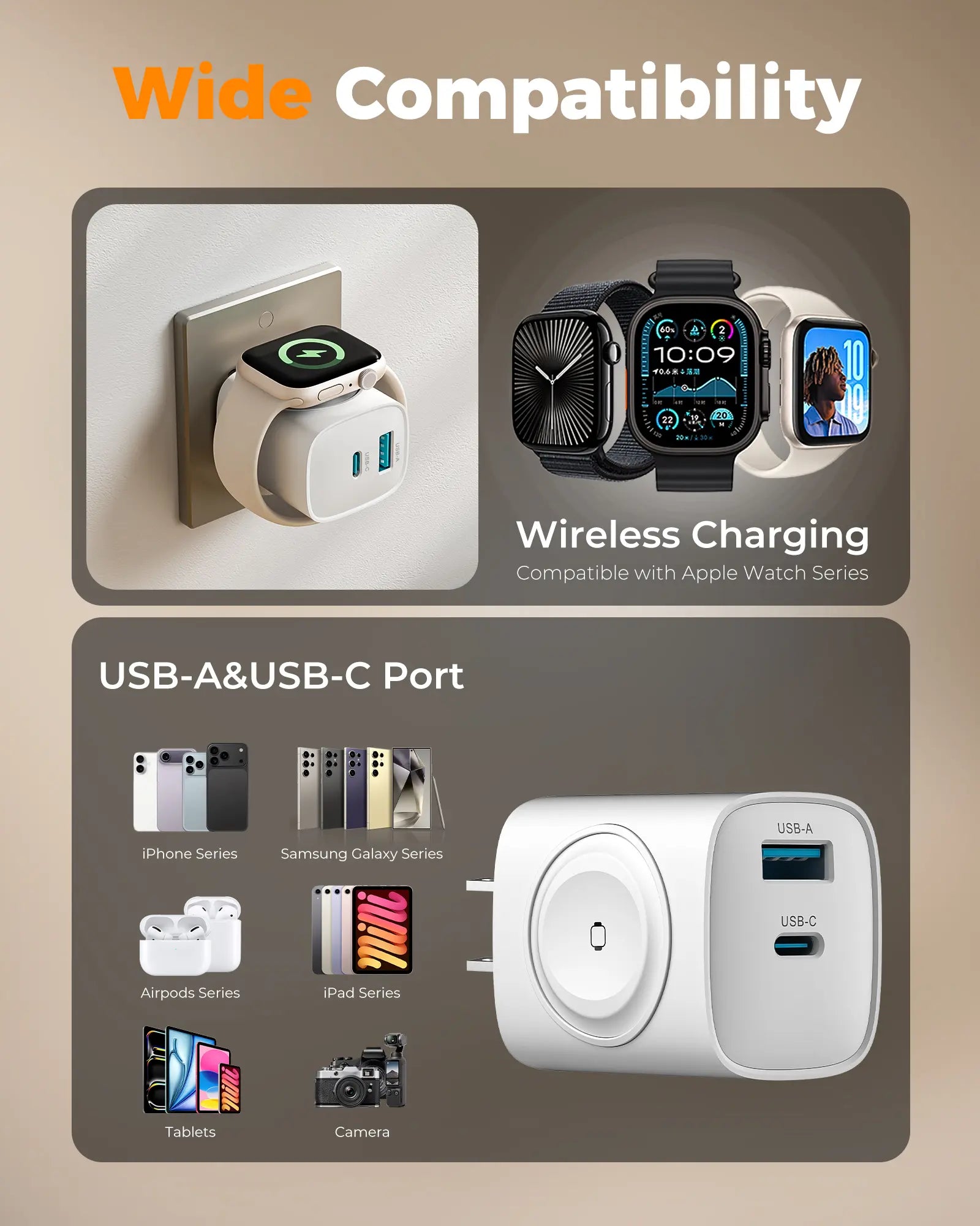 Charging Blocks for Apple Watch, 3-In-1 PD 20W USB C Charger Block with Built-In Wireless Smart Watch Charging, Dual Ports Wall Charger Compatible with Iphone,Airpods,Iwatch
