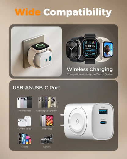 Charging Blocks for Apple Watch, 3-In-1 PD 20W USB C Charger Block with Built-In Wireless Smart Watch Charging, Dual Ports Wall Charger Compatible with Iphone,Airpods,Iwatch